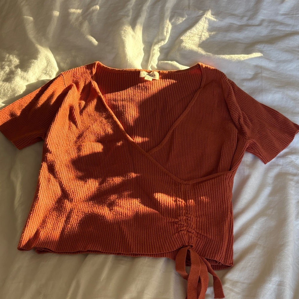 Rust Orange Ribbed Wrap Top